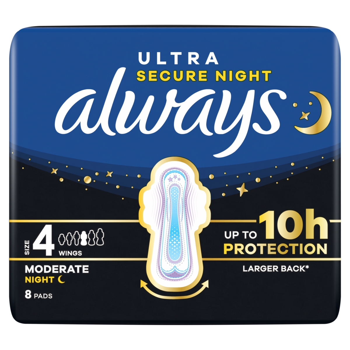 Always Ultra Sanitary Towels Moderate Night (Size 4) Wings 8 Pads, For Menstrual Periods