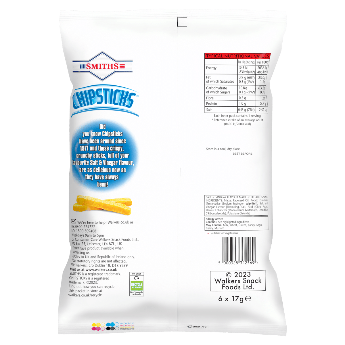 Smiths Chipsticks Snacks Salt & Vinegar 6 x 17g