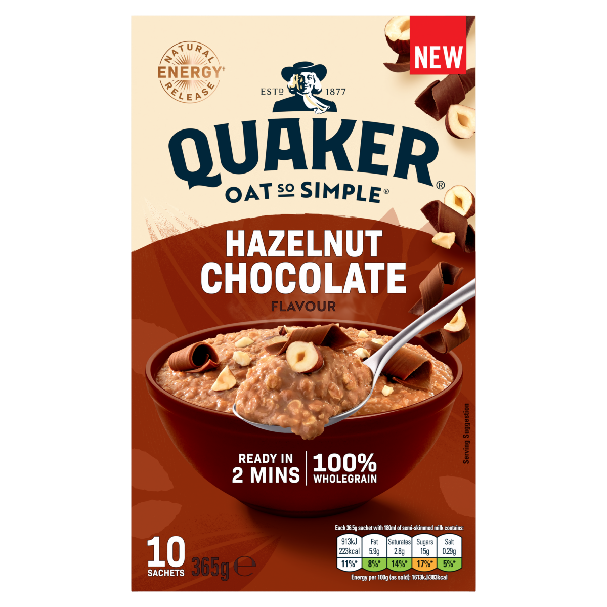 Quaker Hazelnut Chocolate Porridge Sachets Oats So Simple 10 x 36g