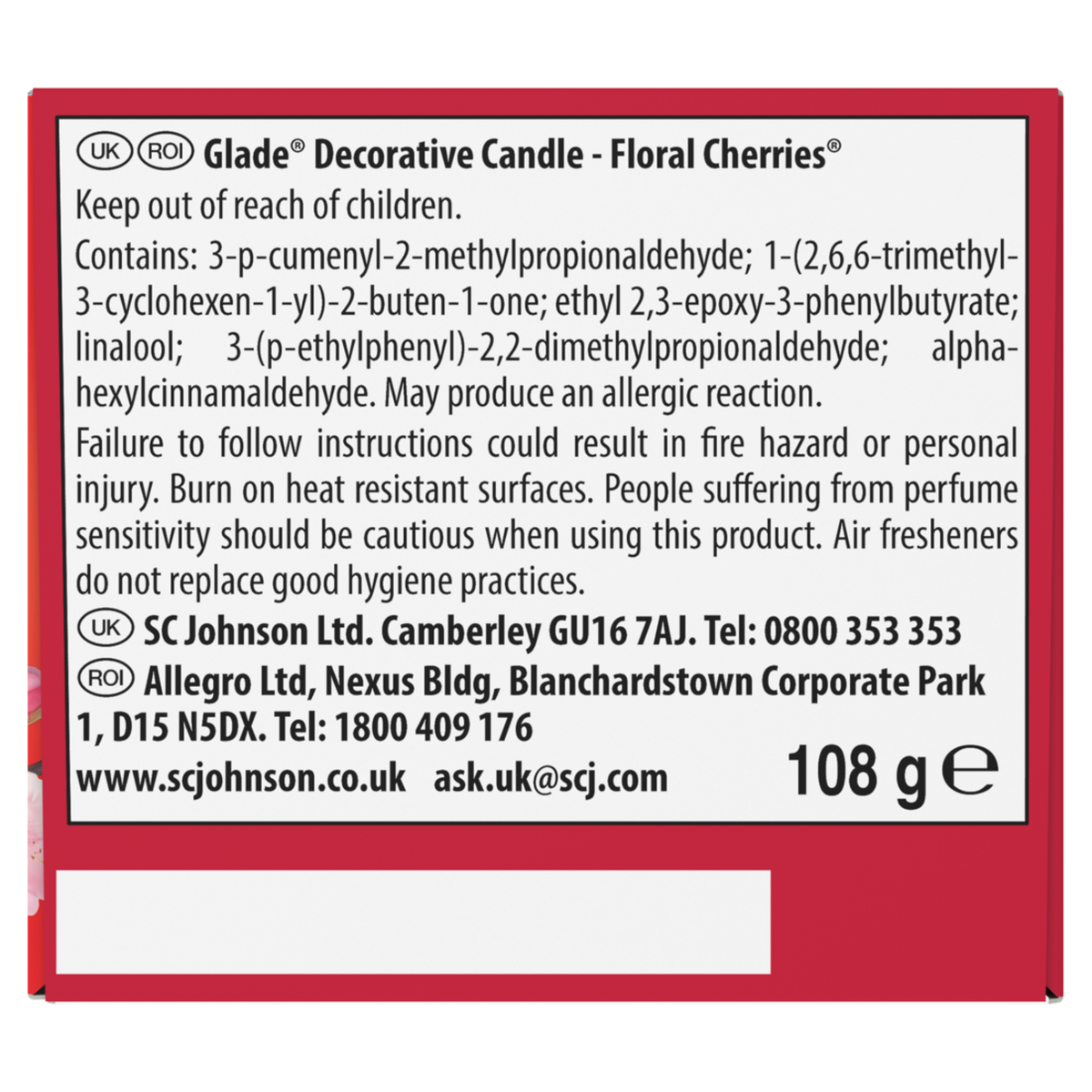 Glade Scented Candle Sleeved Floral Cherries 108g