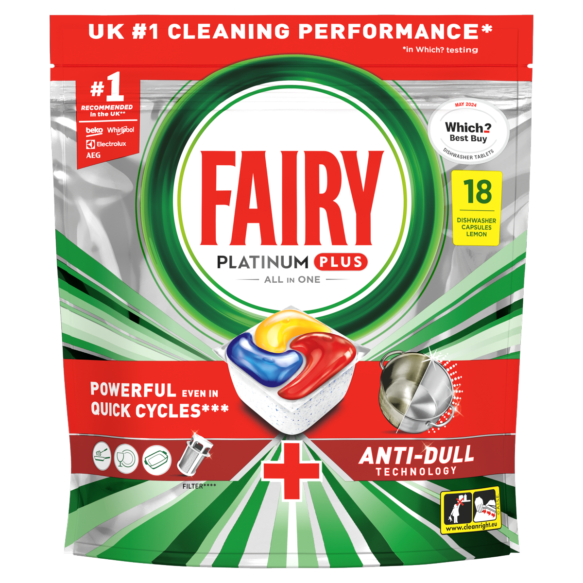 Fairy Platinum Plus All In One Dishwasher Tablets Lemon, 18 Tablets