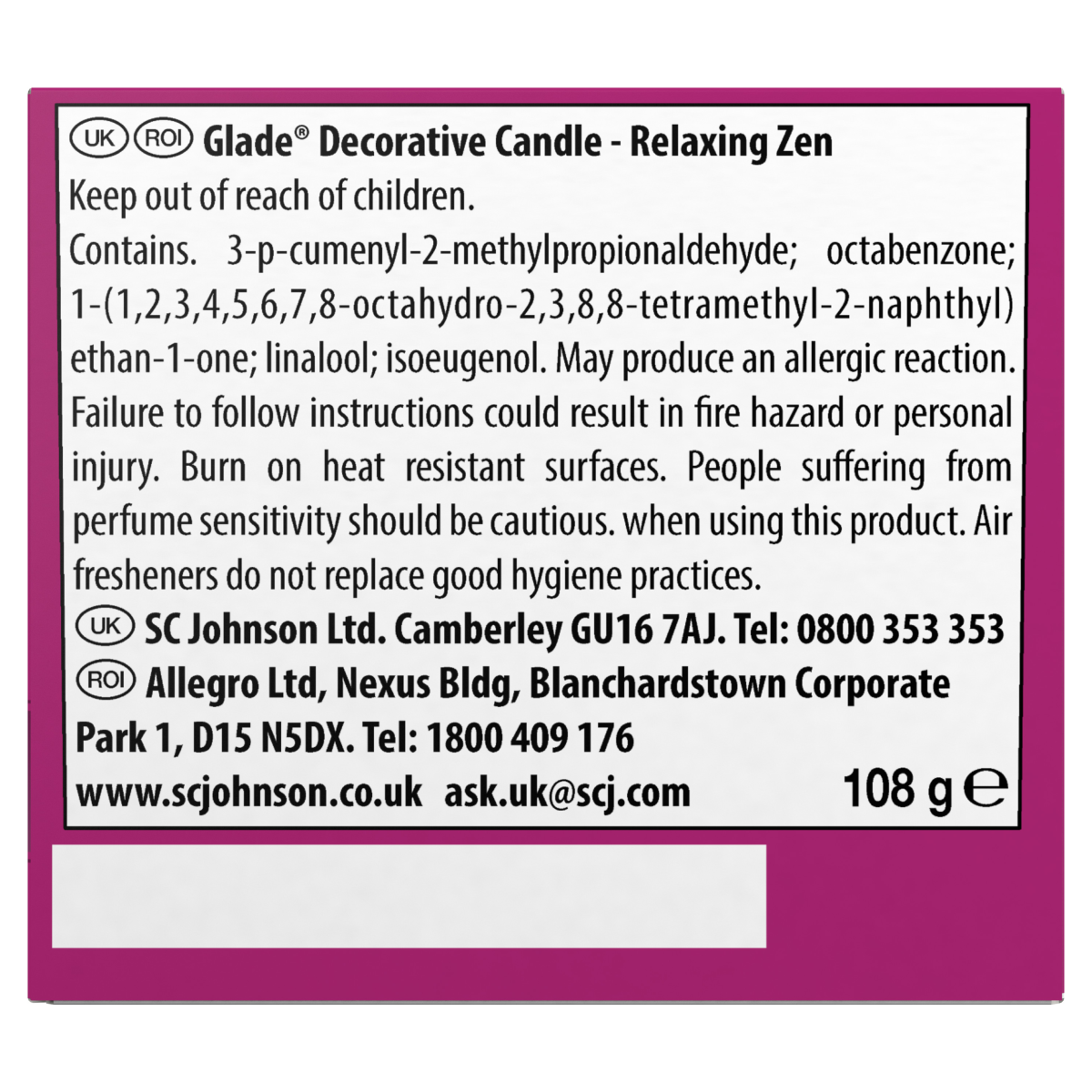 Glade Scented Candle Sleeved Relaxing Zen 108g