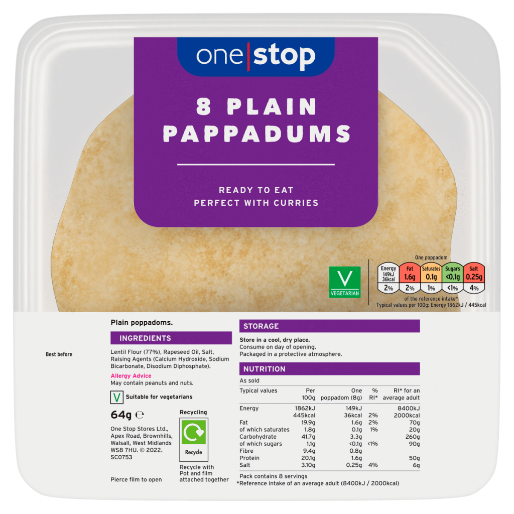 One Stop 8 Plain Pappadums 64g