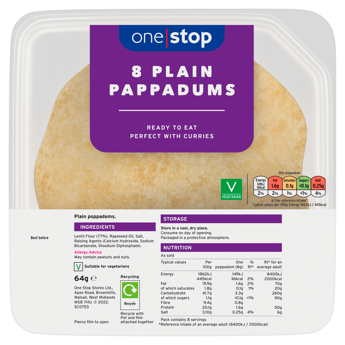 One Stop 8 Plain Pappadums 64g