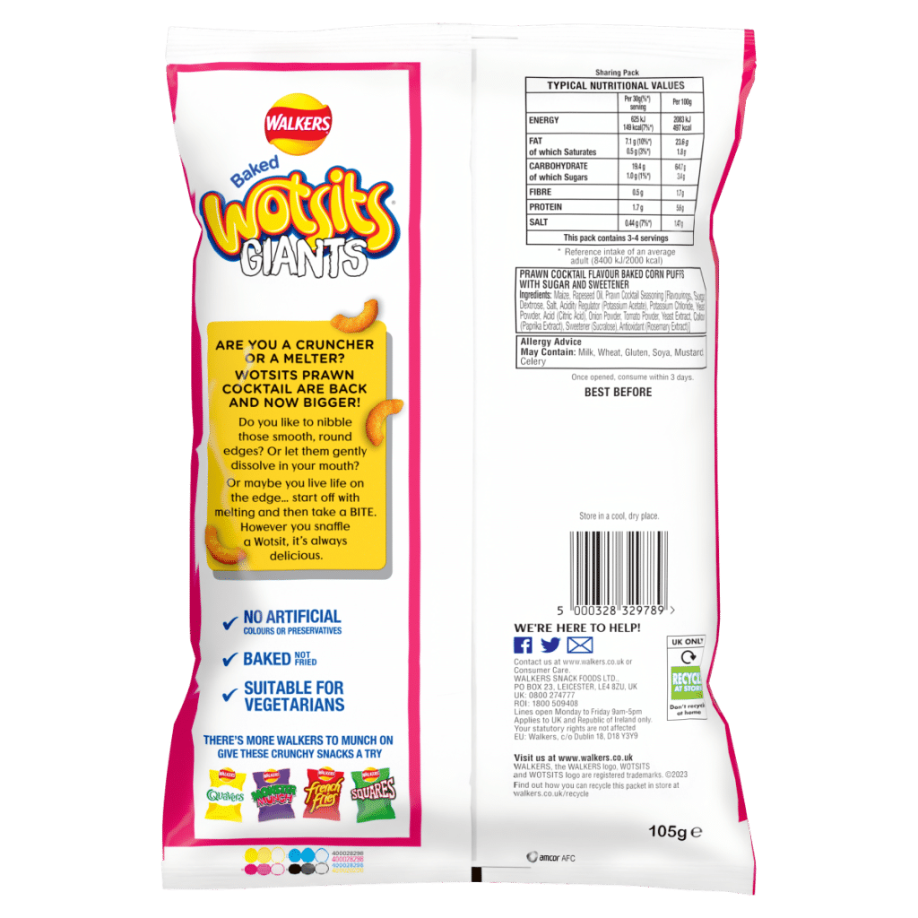 Walkers Wotsits Giants Snacks Prawn Cocktail Sharing Crisps 105g