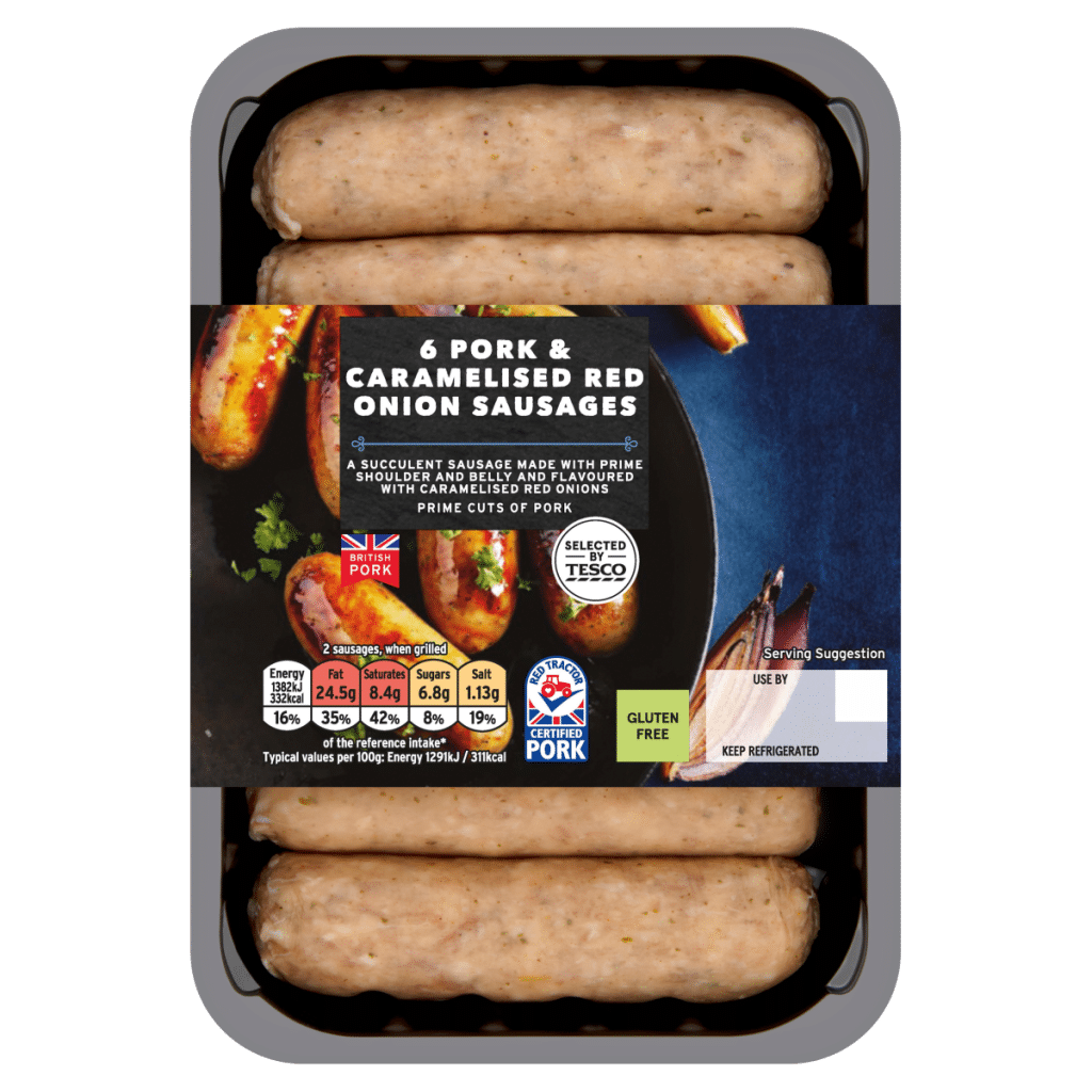 Tesco 6 Pork & Caramelised Red Onion Sausages 400g