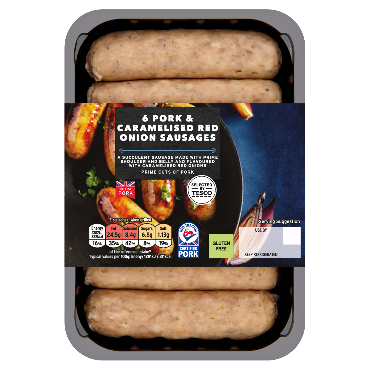 Tesco 6 Pork & Caramelised Red Onion Sausages 400g