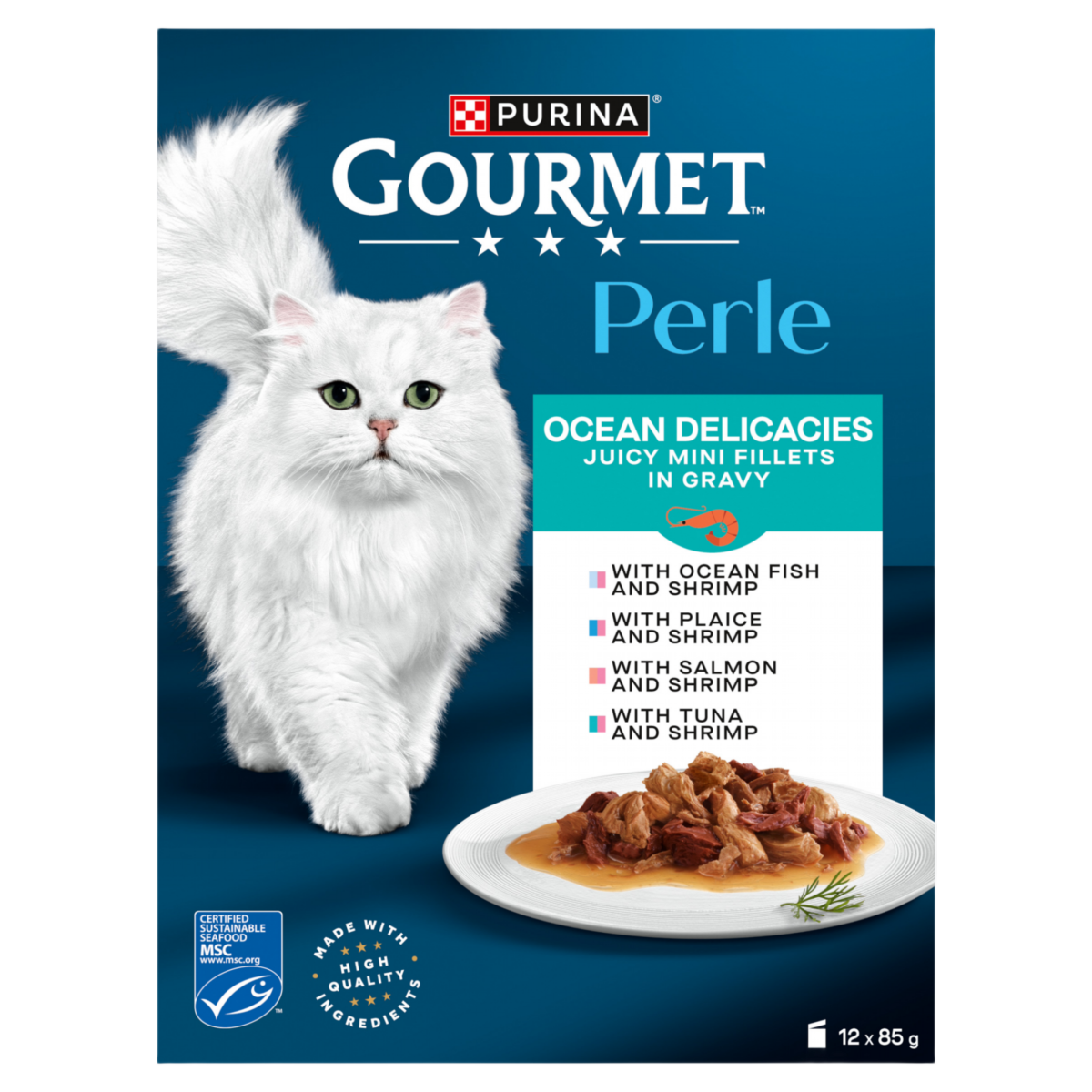 GOURMET Perle Mini Fillets in Gravy Ocean Delicacies Wet Cat Food 12x85g