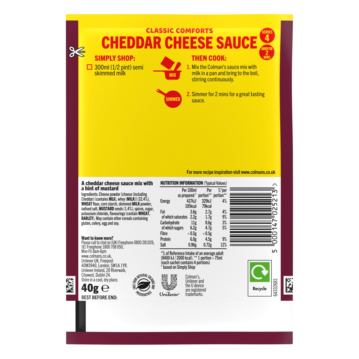 Colman’s Classic Comforts Meal Maker Cheddar Cheese Sauce 40 g