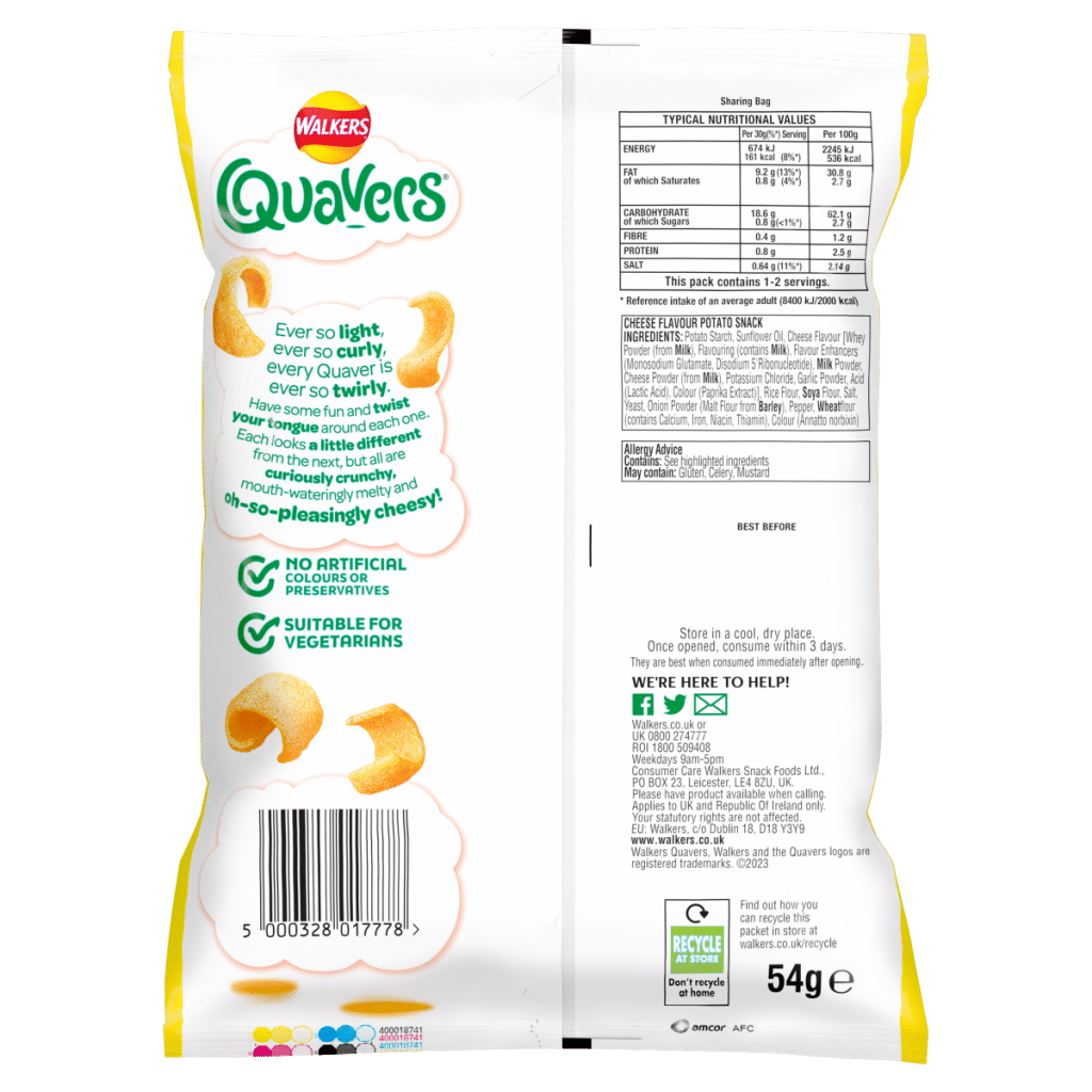 Walkers Quavers Cheese Snacks Crisps £1.25 RRP PMP 54g