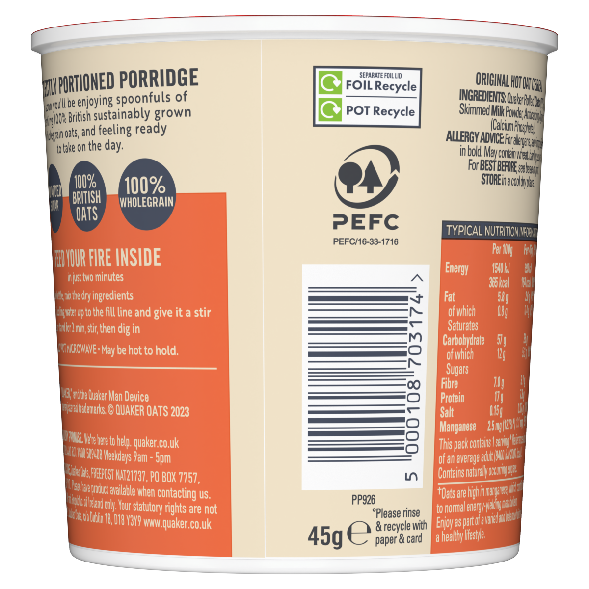 Quaker Oat Original Porridge Pot 45g