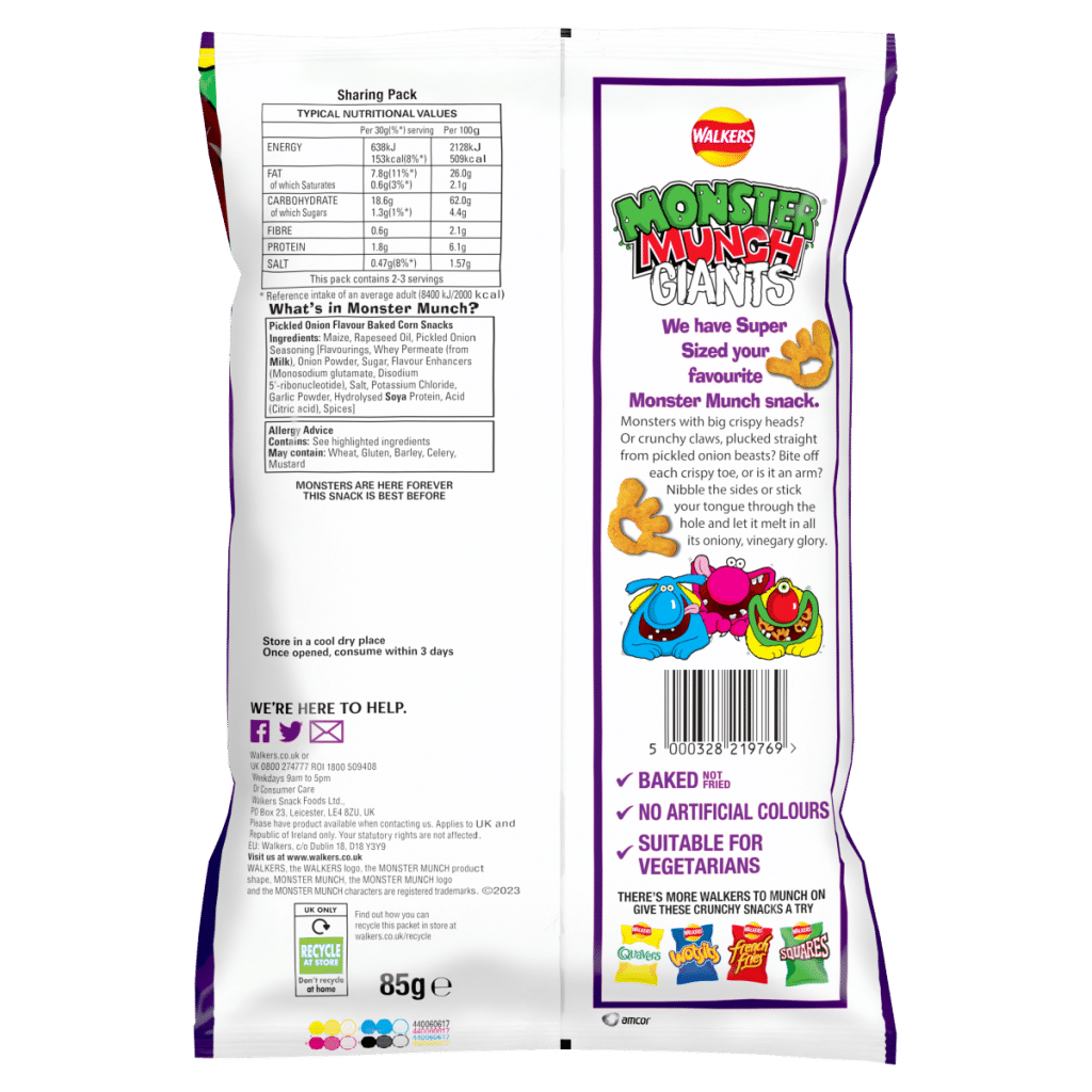 Walkers Monster Munch Snacks Giants Pickled Onion Sharing Crisps 85g