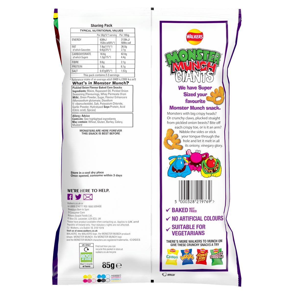 Walkers Monster Munch Snacks Giants Pickled Onion Sharing Crisps 85g
