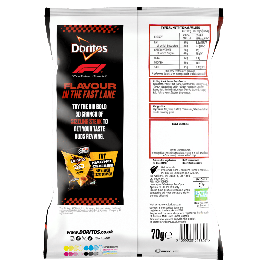 Doritos 3D Crunch Sizzling Steak Crisps 70g PMP RRP £1.35