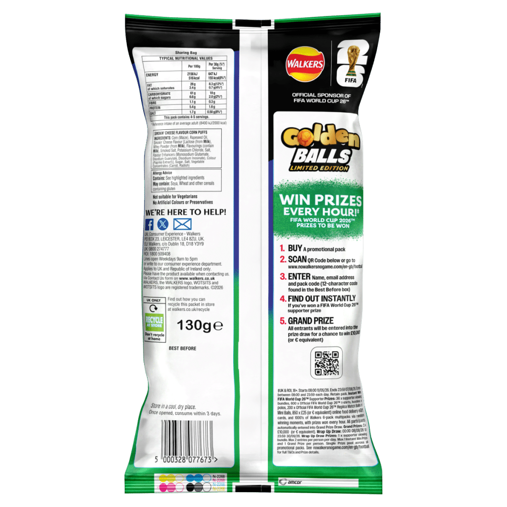 Walkers Wotsits Golden Balls Smokin’ Cheese Puffs Sharing Snacks 130g