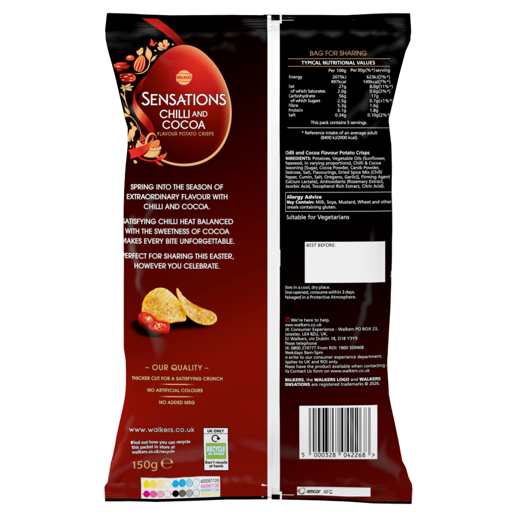 Walkers Sensations Snacks Chilli & Cocoa Sharing Crisps 150g