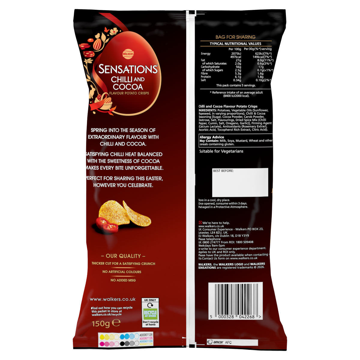 Walkers Sensations Snacks Chilli & Cocoa Sharing Crisps 150g