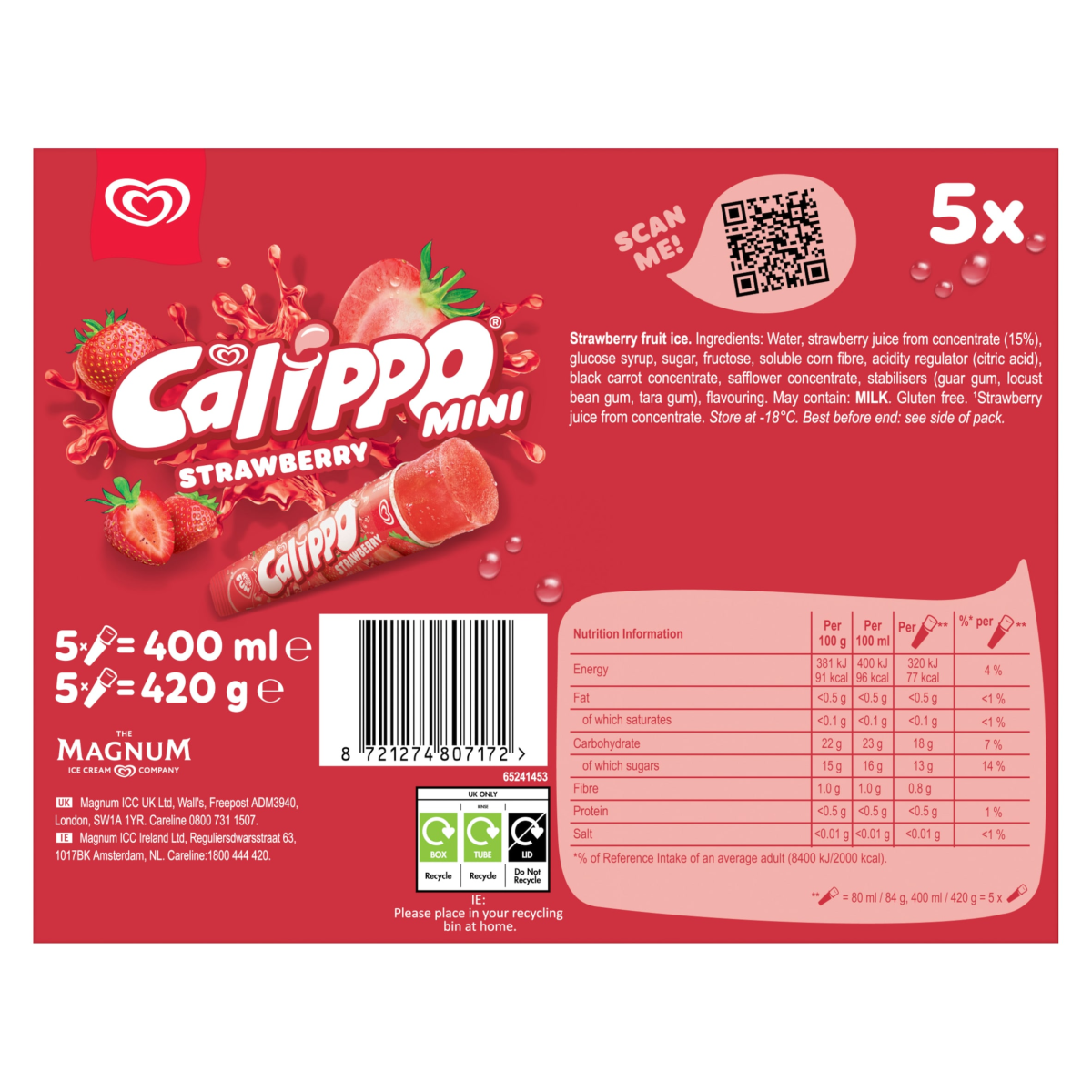 Heartbrand Calippo Ice Lollies Mini Strawberry 5x 80 ml