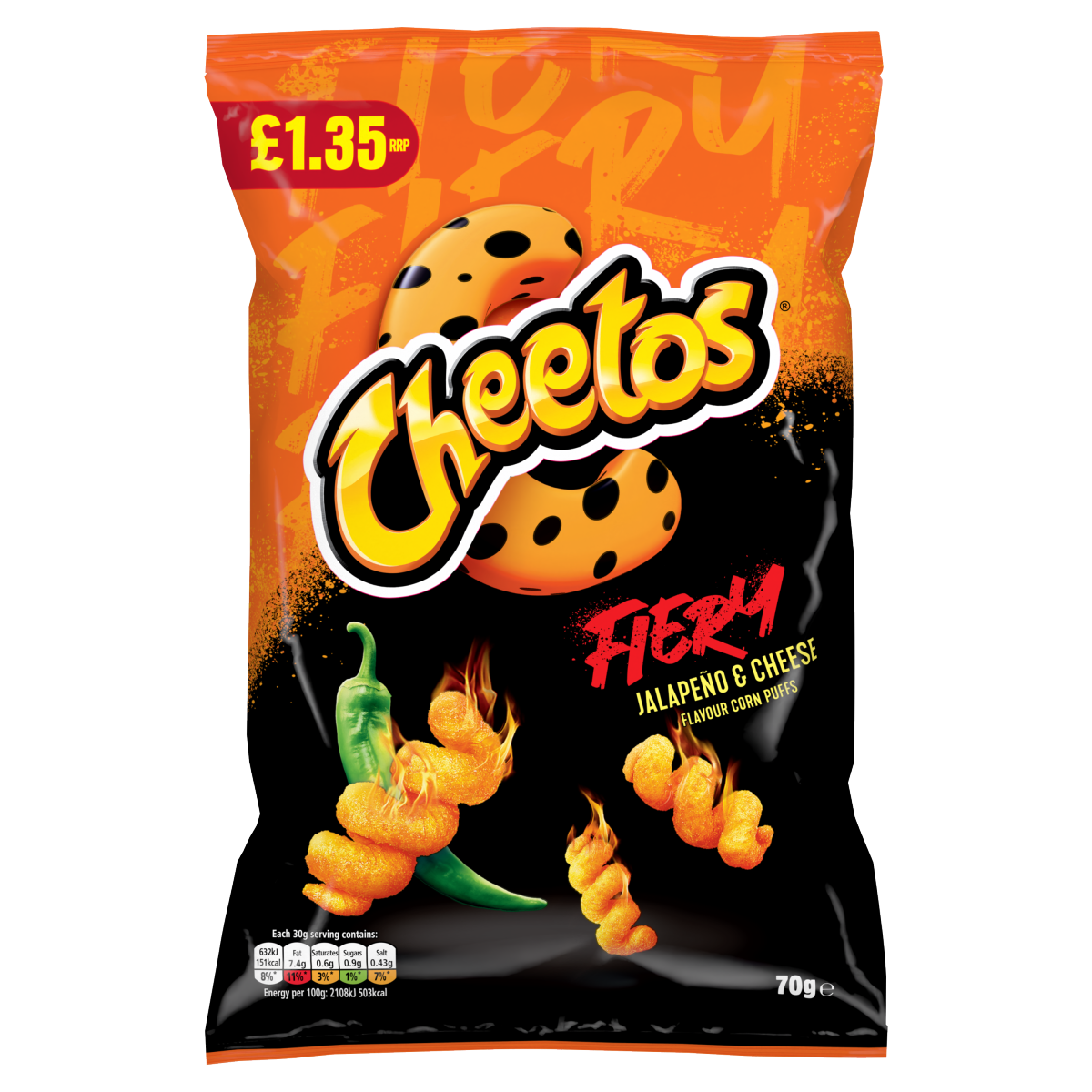 Cheetos Fiery Snacks Jalapeño & Cheese Corn Puffs 70g PMP RRP £1.35