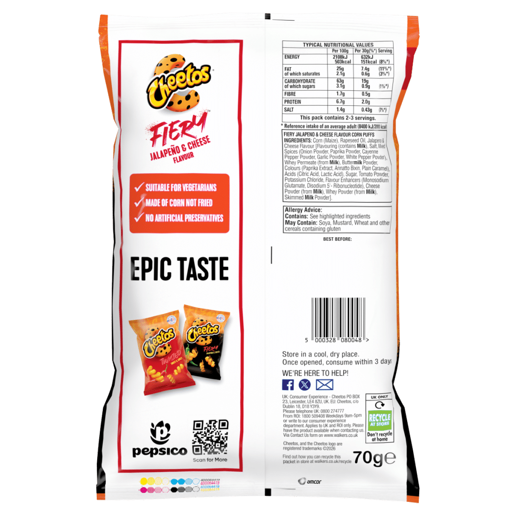 Cheetos Fiery Snacks Jalapeño & Cheese Corn Puffs 70g PMP RRP £1.35