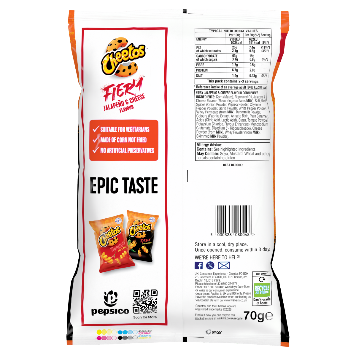 Cheetos Fiery Snacks Jalapeño & Cheese Corn Puffs 70g PMP RRP £1.35