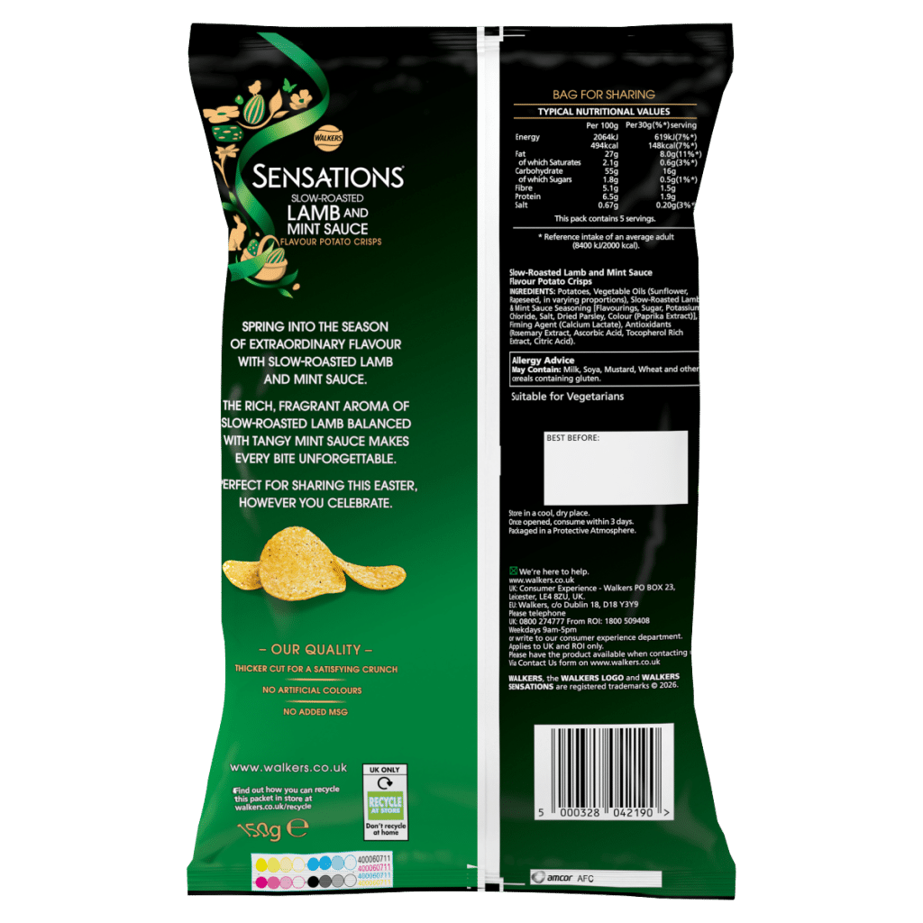 Walkers Sensations Snacks Lamb & Mint Sauce Sharing Crisps 150g