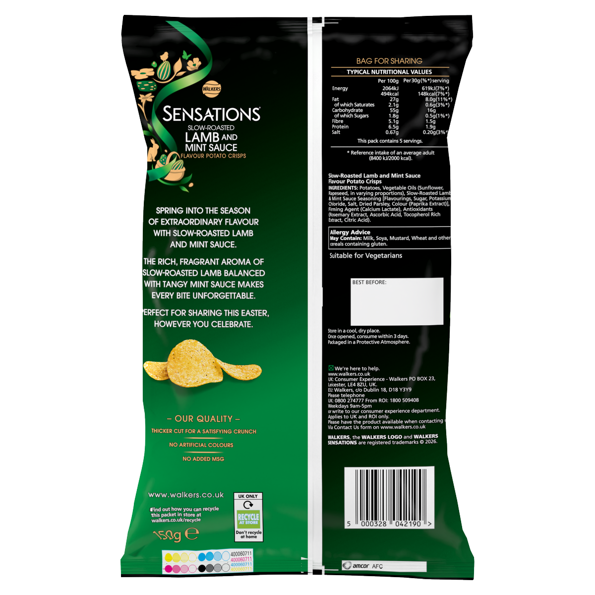 Walkers Sensations Snacks Lamb & Mint Sauce Sharing Crisps 150g