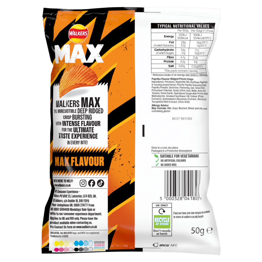 Walkers Max Punchy Paprika Grab Bag Crisps 50g