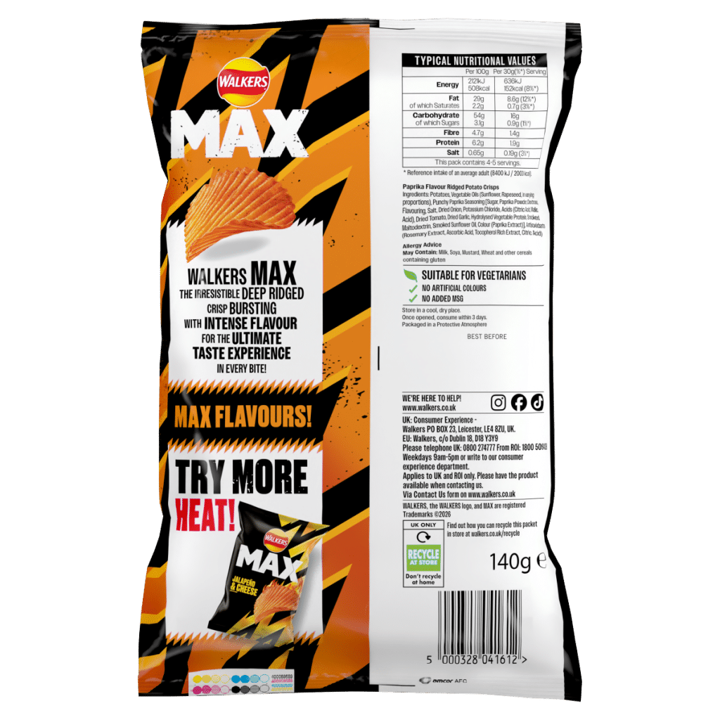 Walkers Max Punchy Paprika Sharing Crisps 140g