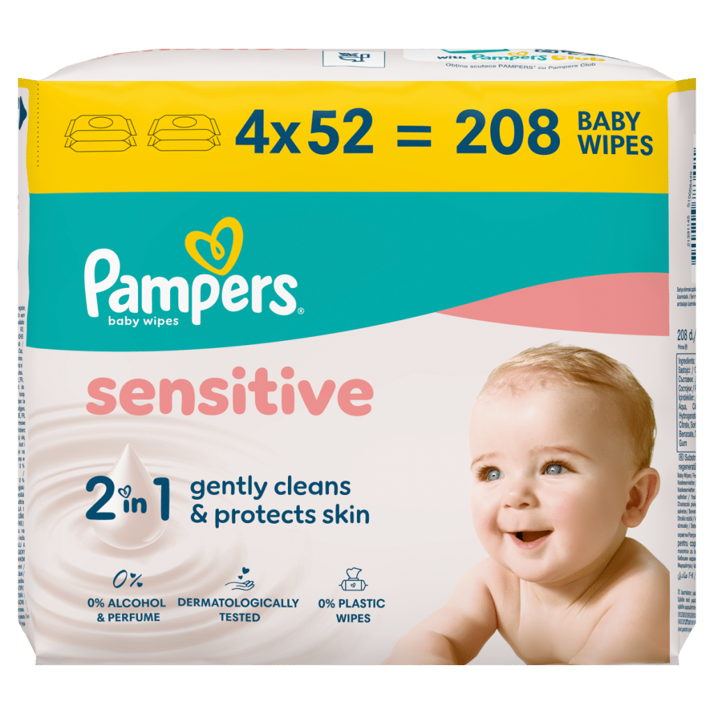 Pampers Sensitive Baby Wipes Plastic Free, 4 Packs of 52 Wipes = 208 Baby Wet Wipes