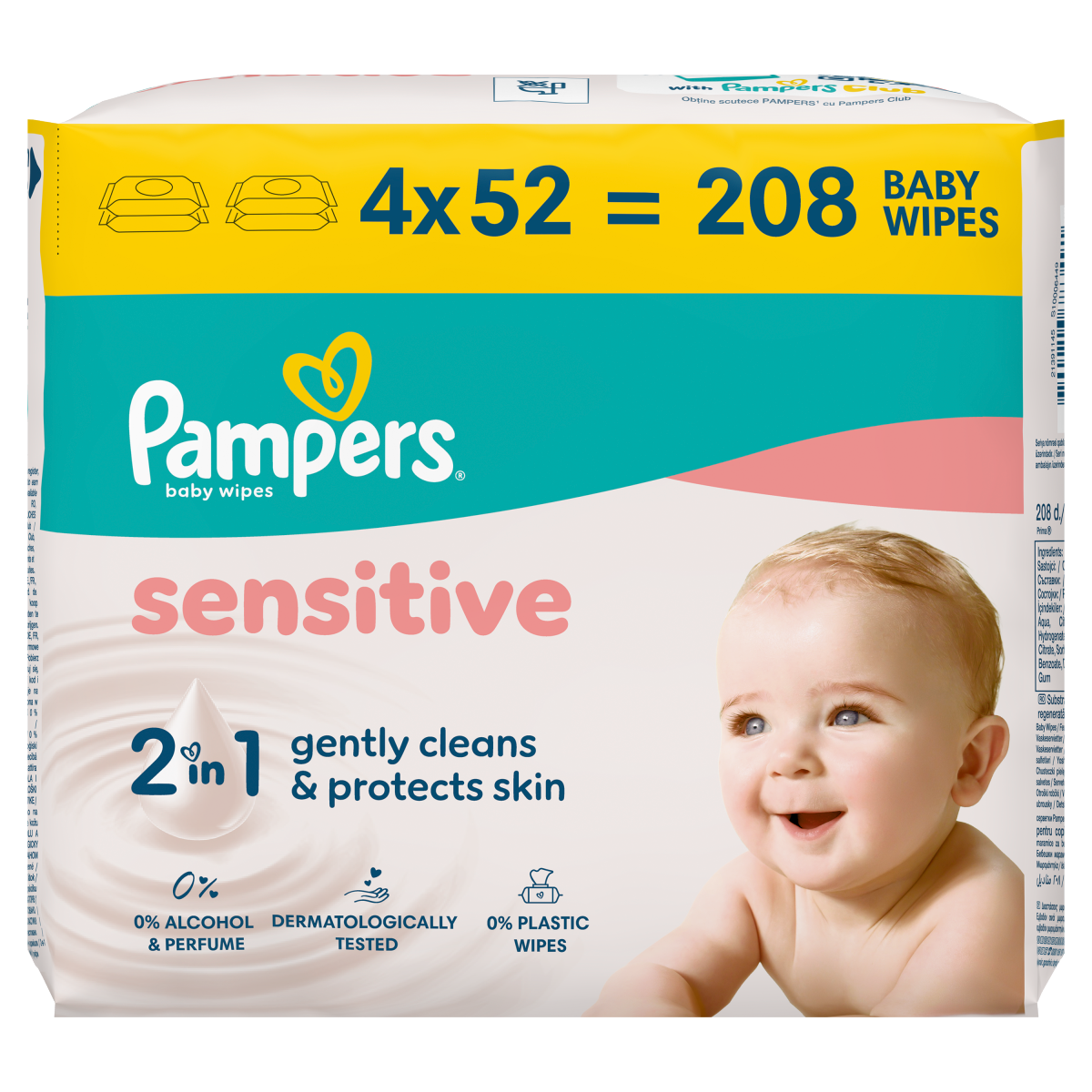 Pampers Sensitive Baby Wipes Plastic Free, 4 Packs of 52 Wipes = 208 Baby Wet Wipes