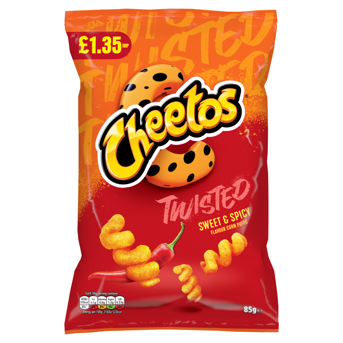 Cheetos Twisted Snacks Sweet & Spicy Corn Puffs 85g PMP RRP £1.35