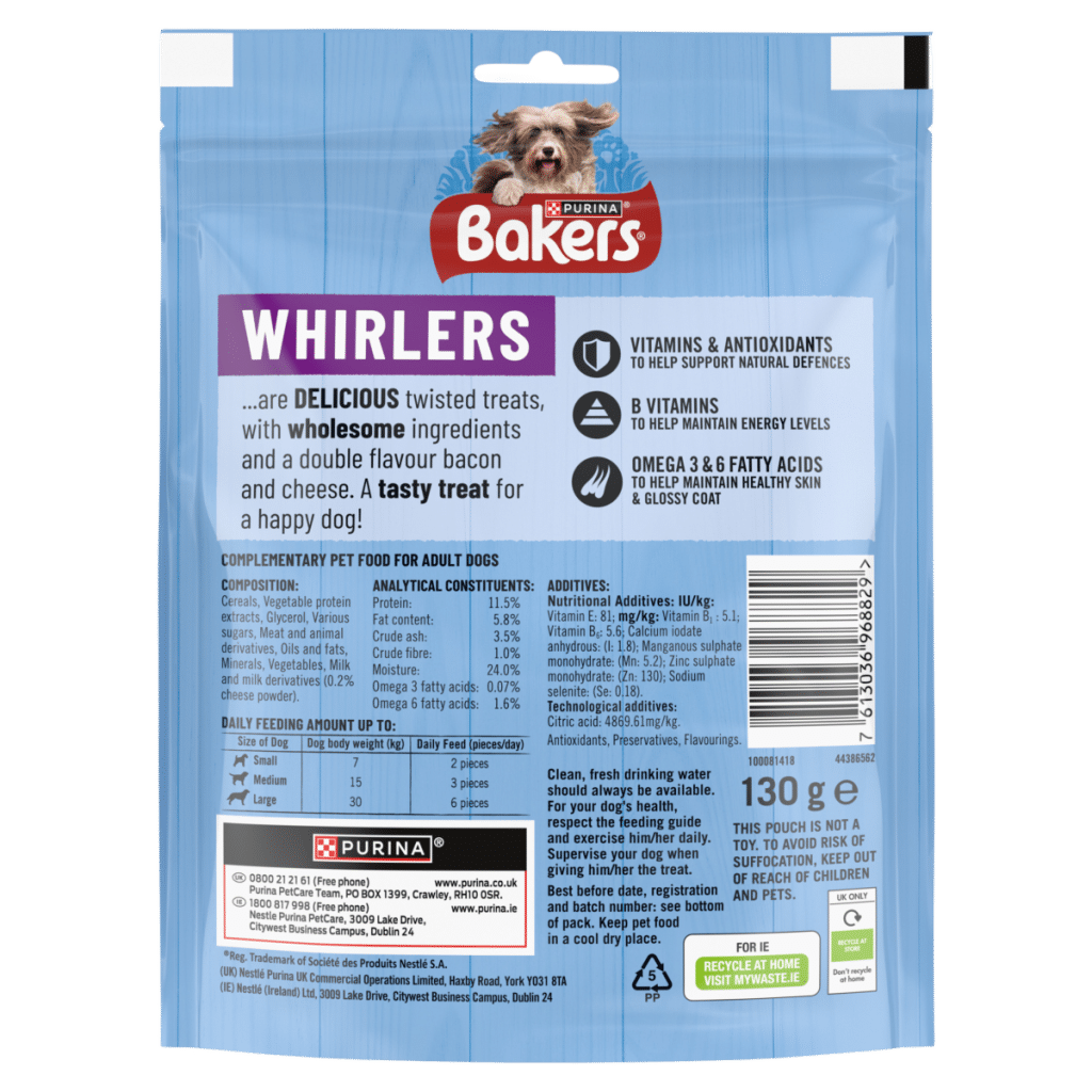 BAKERS Whirlers Bacon and Cheese Dog Treats 130g