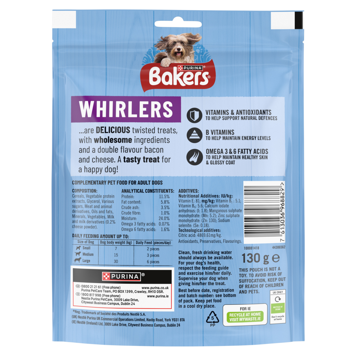 BAKERS Whirlers Bacon and Cheese Dog Treats 130g