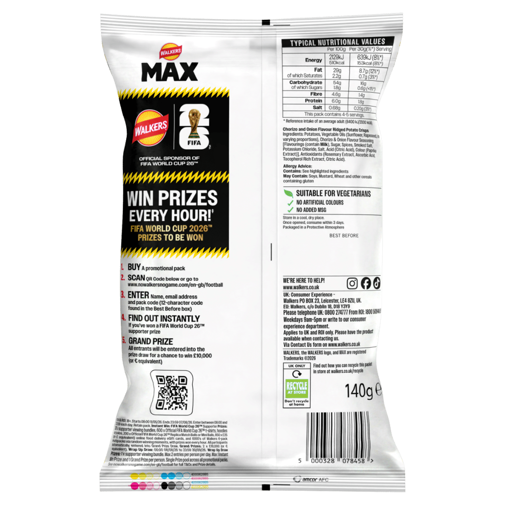 Walkers MAX Portuguese Chorizo & Onion Sharing Crisps 140g