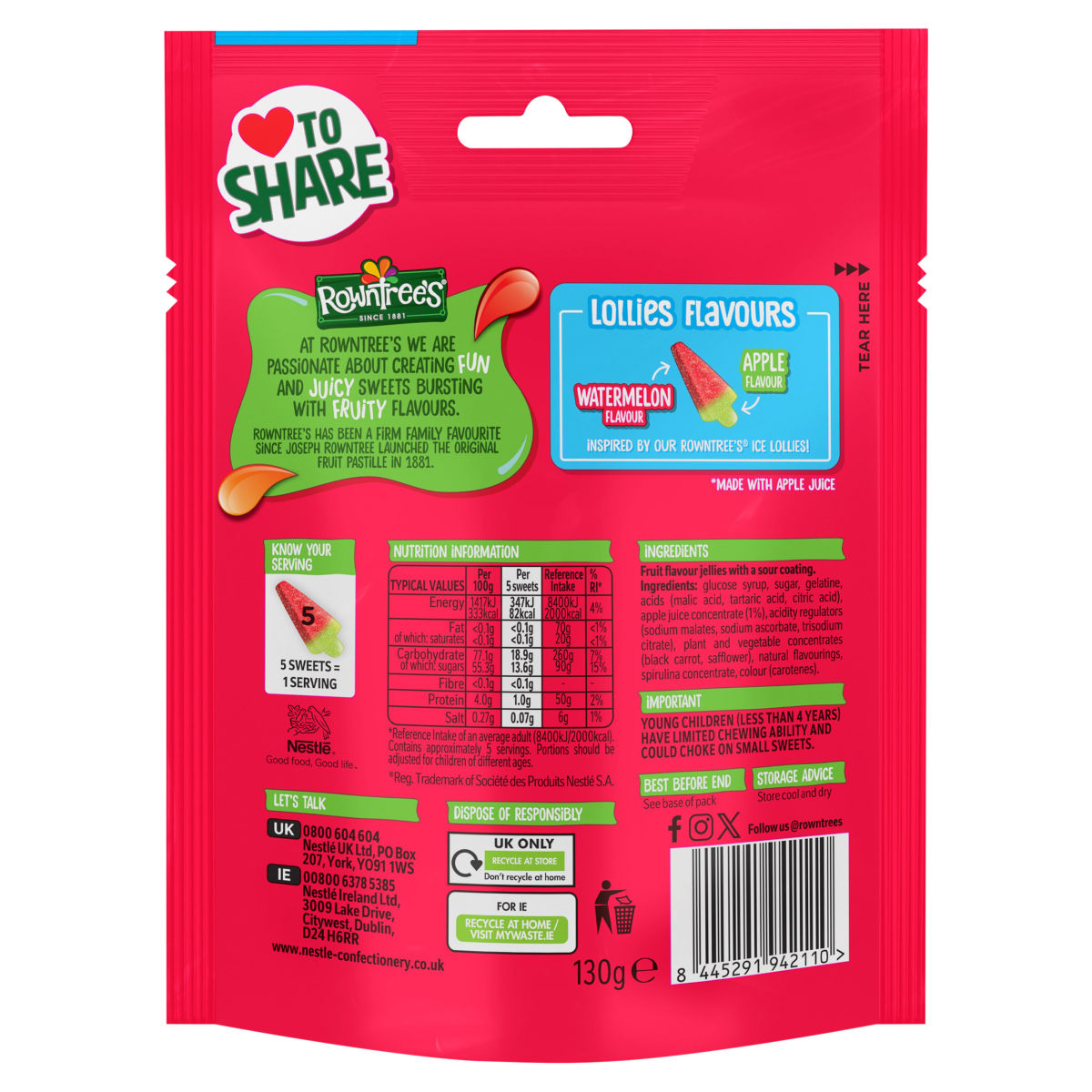 Rowntree’s Sour Watermelon Flavour Lollies 130g