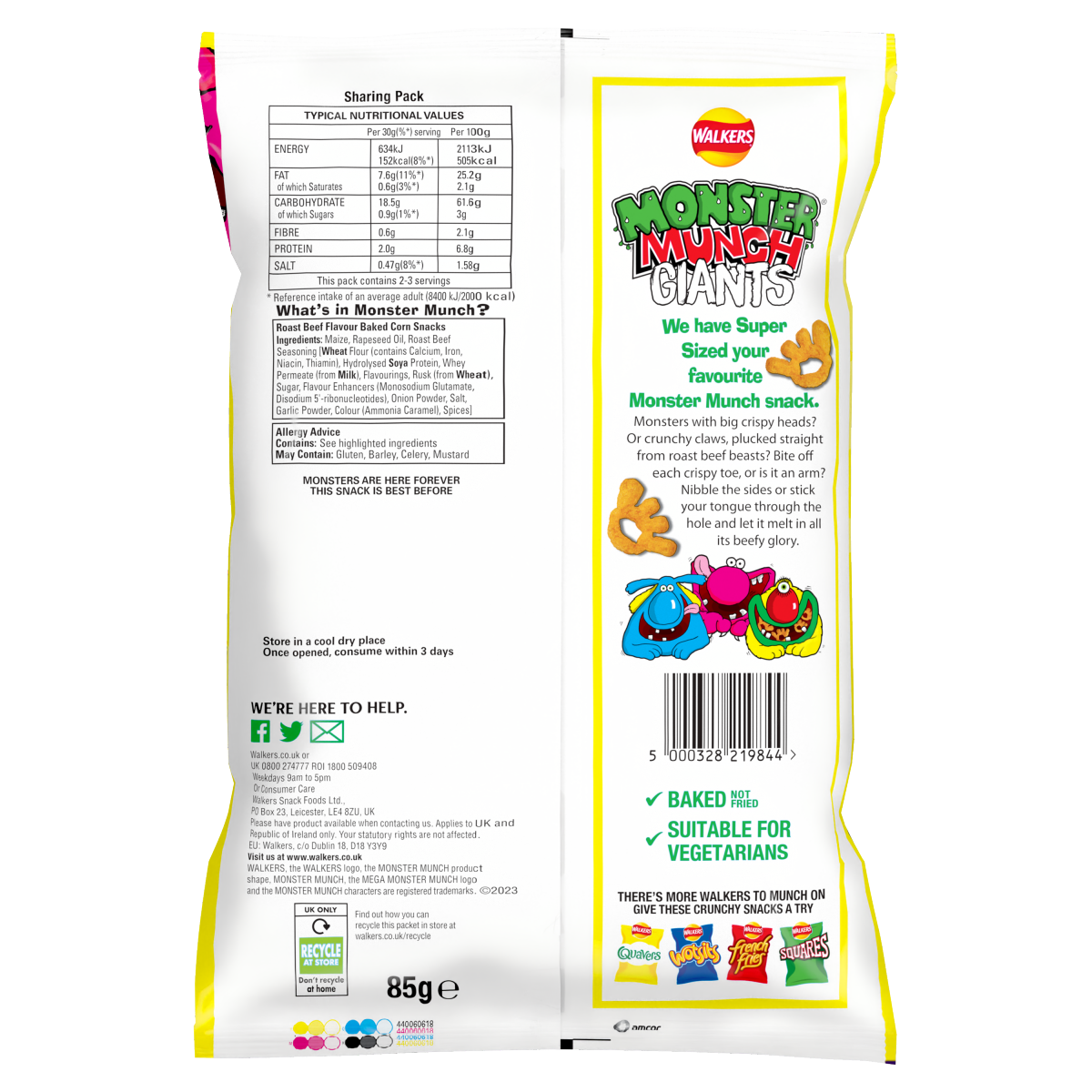Walkers Monster Munch Giants Roast Beef Snacks Sharing Crisps 85g