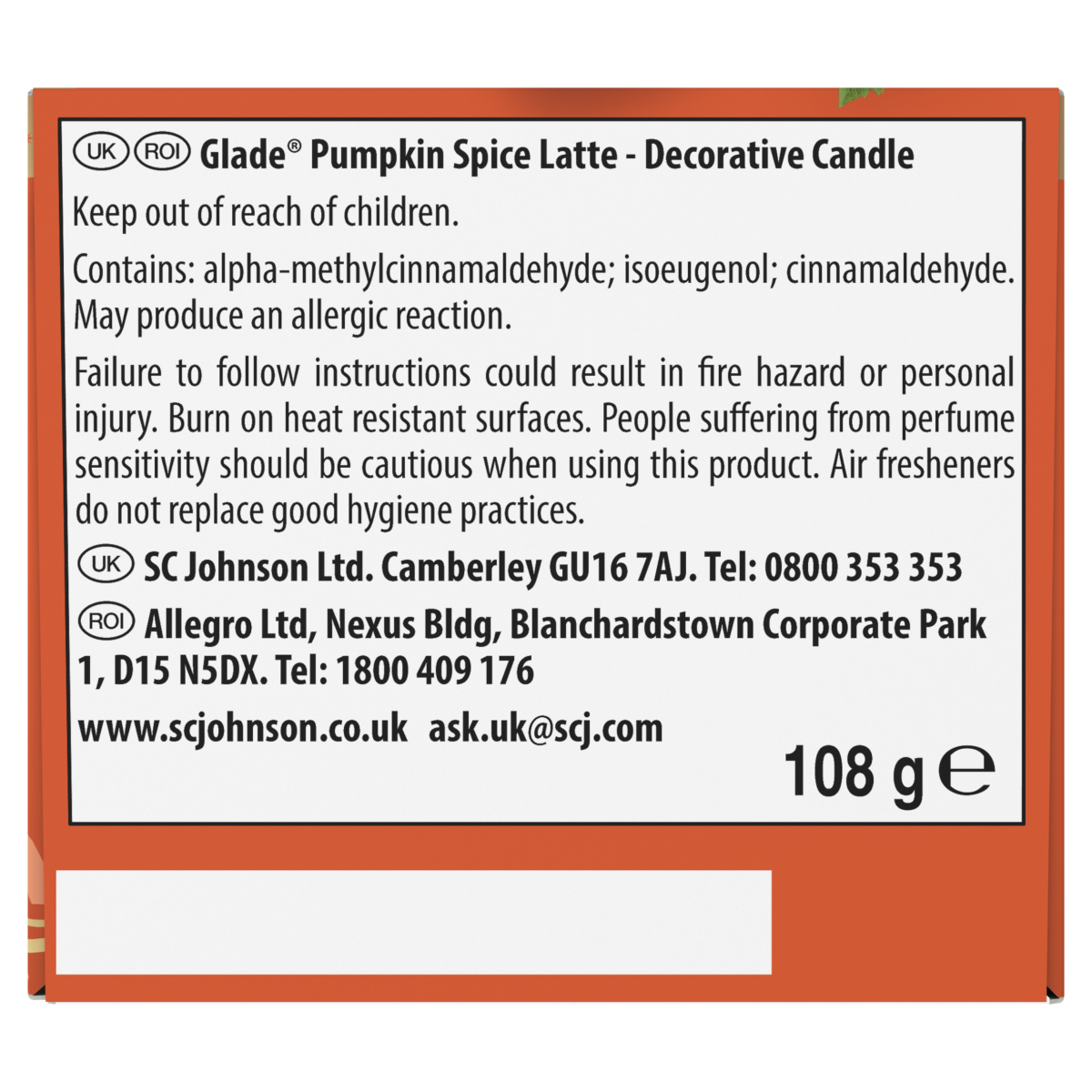 Glade Festive Scented Candle, Pumpkin Spice Latte, 108g