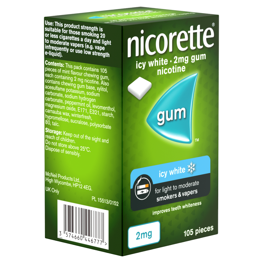Nicorette Icy White 2mg Gum 105 Pieces, Stop Smoking and Stop Vaping Aid