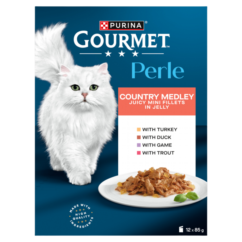 GOURMET Perle Mini Fillets in Jelly Country Medley (Turkey,Trout,Duck,Game) Wet Cat Food 12x85g