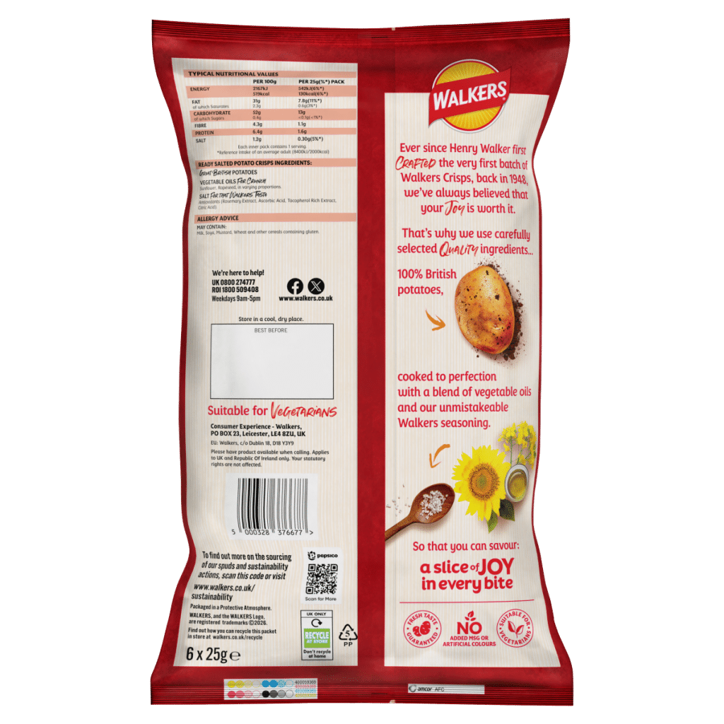 Walkers Ready Salted Multipack Crisps 6x25g