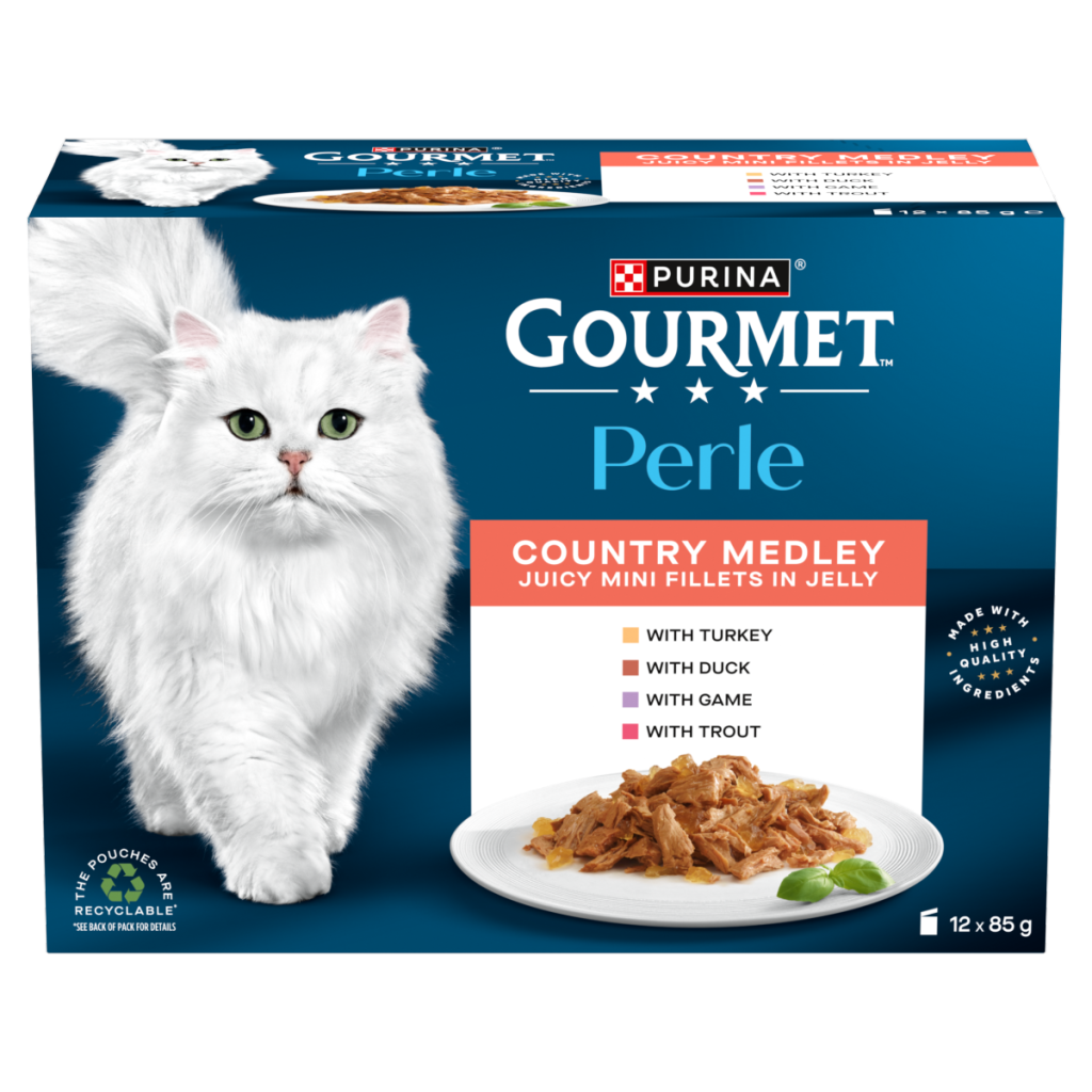 GOURMET Perle Mini Fillets in Jelly Country Medley (Turkey,Trout,Duck,Game) Wet Cat Food 12x85g