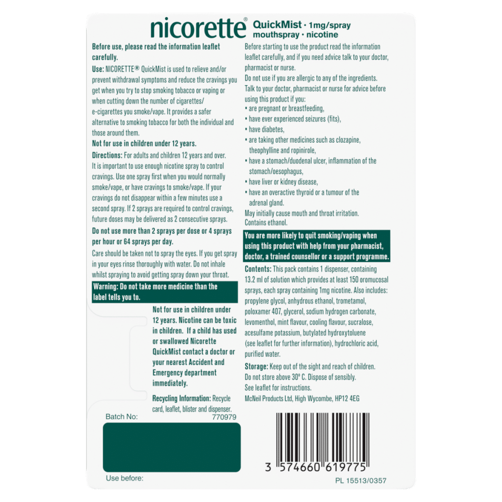 Nicorette Quickmist Freshmint Mouthspray 1 Unit, Quit Vaping Aid