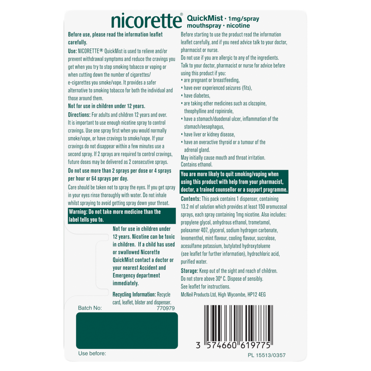 Nicorette Quickmist Freshmint Mouthspray 1 Unit, Quit Vaping Aid