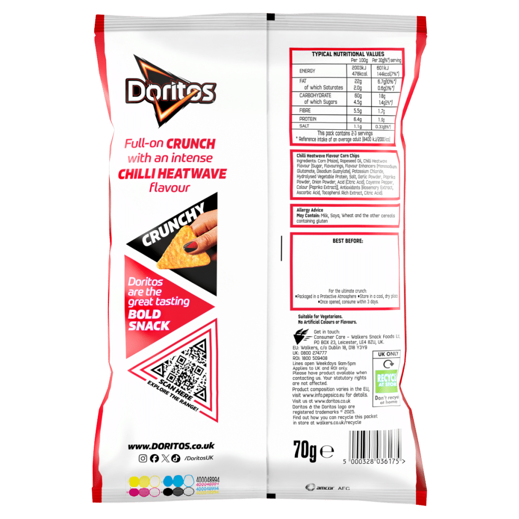 Doritos Chilli Heatwave Tortilla Chips Sharing Bag Crisps 70g PMP RRP £1.35