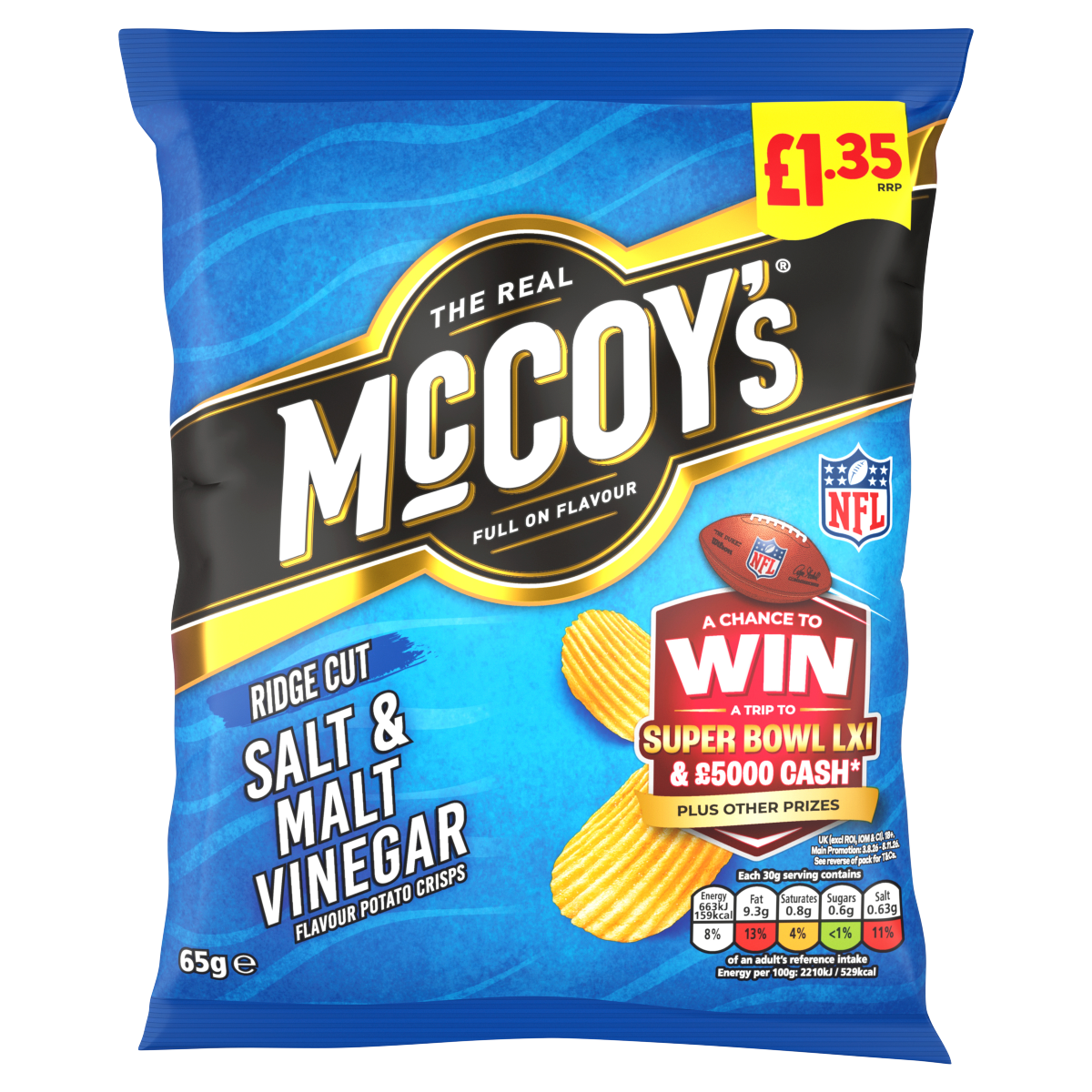 McCoy’s Ridge Cut Salt & Malt Vinegar Flavour Potato Crisps 65g