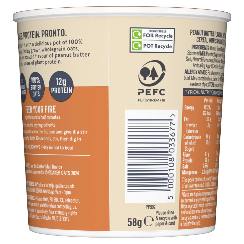 Quaker Oats High Protein Peanut Butter Porridge Pot 58g