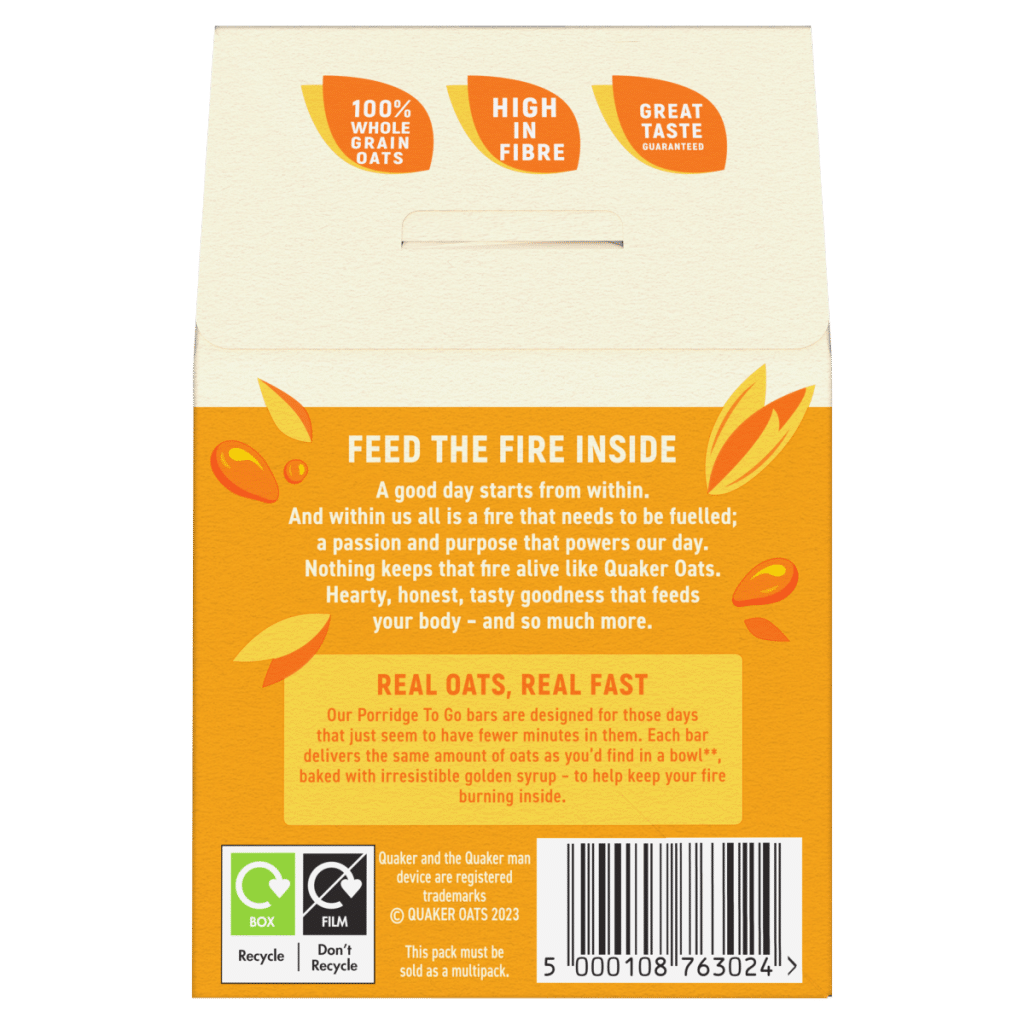 Quaker Porridge To Go Golden Syrup Breakfast Bars 2x55g