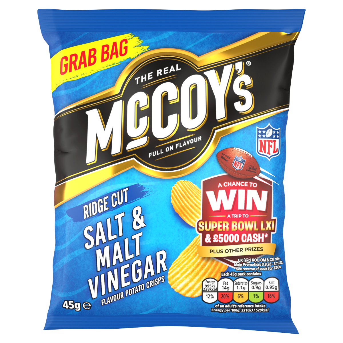 McCoy’s Ridge Cut Salt & Malt Vinegar Flavour Potato Crisps 45g