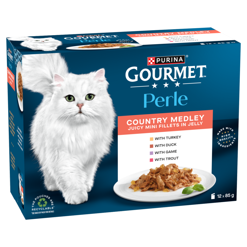 GOURMET Perle Mini Fillets in Jelly Country Medley (Turkey,Trout,Duck,Game) Wet Cat Food 12x85g